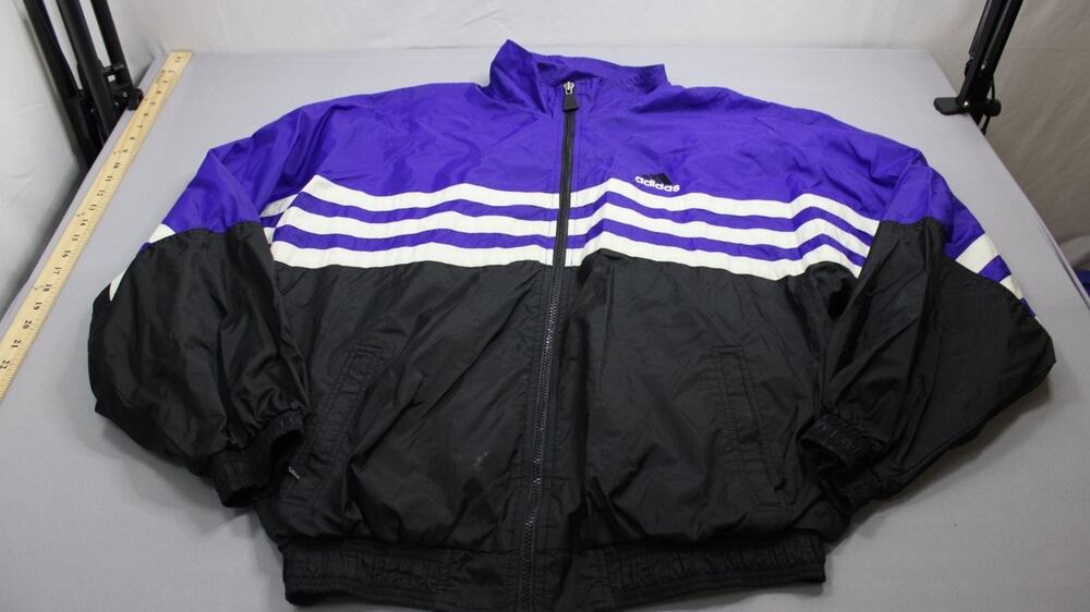 Vintage 90s Adidas Colorblock Windbreaker Jacket Purple Black White Men's Size M
